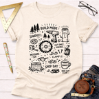 Women's funny woodworking graphic tee shirt for female woodworkers, makers, and DIY builders — Sawdust & Ponytails. Cream short-sleeve tee with black "Build Mode" tools and nature doodle art.