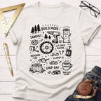 Women's funny woodworking graphic tee shirt for female woodworkers, makers, and DIY builders — Sawdust & Ponytails. Cream t-shirt with black "Build Mode" woodworking tools and phrases design.