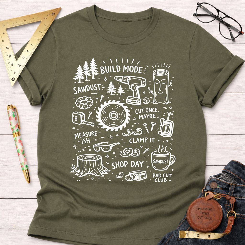 Women's funny woodworking graphic tee shirt for female woodworkers, makers, and DIY builders — Sawdust & Ponytails. Olive green cotton tee with white "Build Mode" tools and phrases.