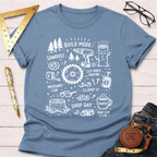 Women's funny woodworking graphic tee shirt for female woodworkers, makers, and DIY builders — Sawdust & Ponytails. Blue cotton tee with white "Build Mode" tools and phrases design.