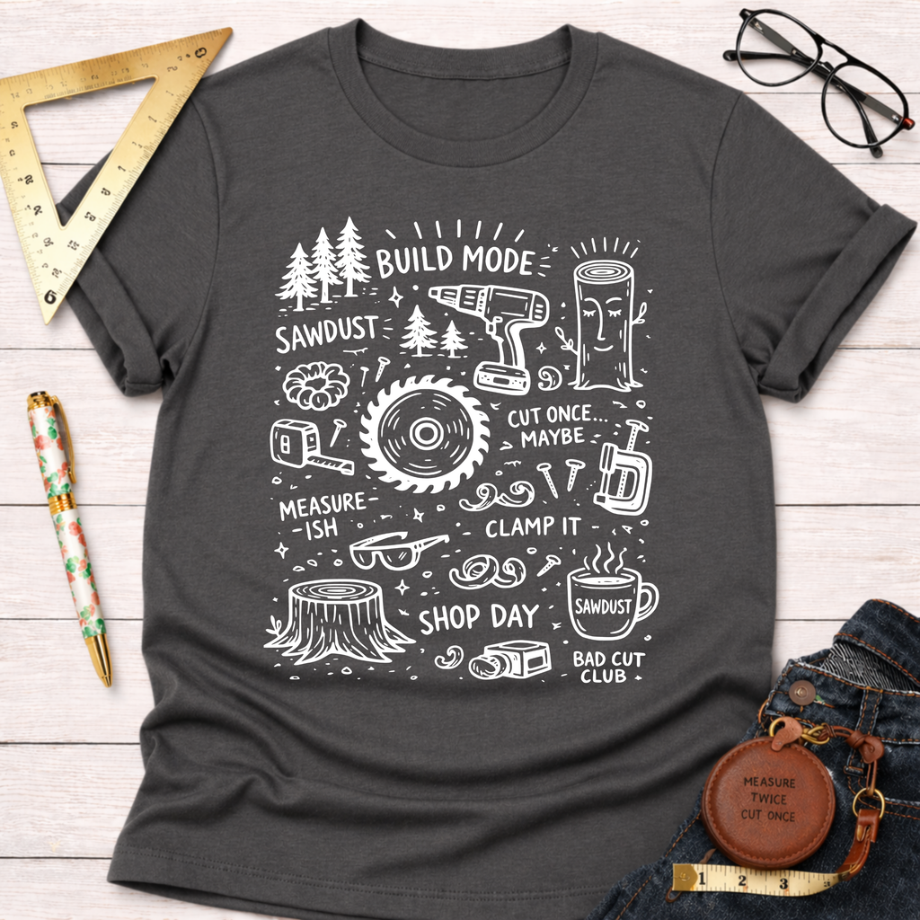 Women's funny woodworking graphic tee shirt for female woodworkers, makers, and DIY builders — Sawdust & Ponytails. Dark gray heather tee with white "Build Mode" tools and phrases.