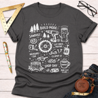 Women's funny woodworking graphic tee shirt for female woodworkers, makers, and DIY builders — Sawdust & Ponytails. Dark gray heather tee with white "Build Mode" tools and phrases.