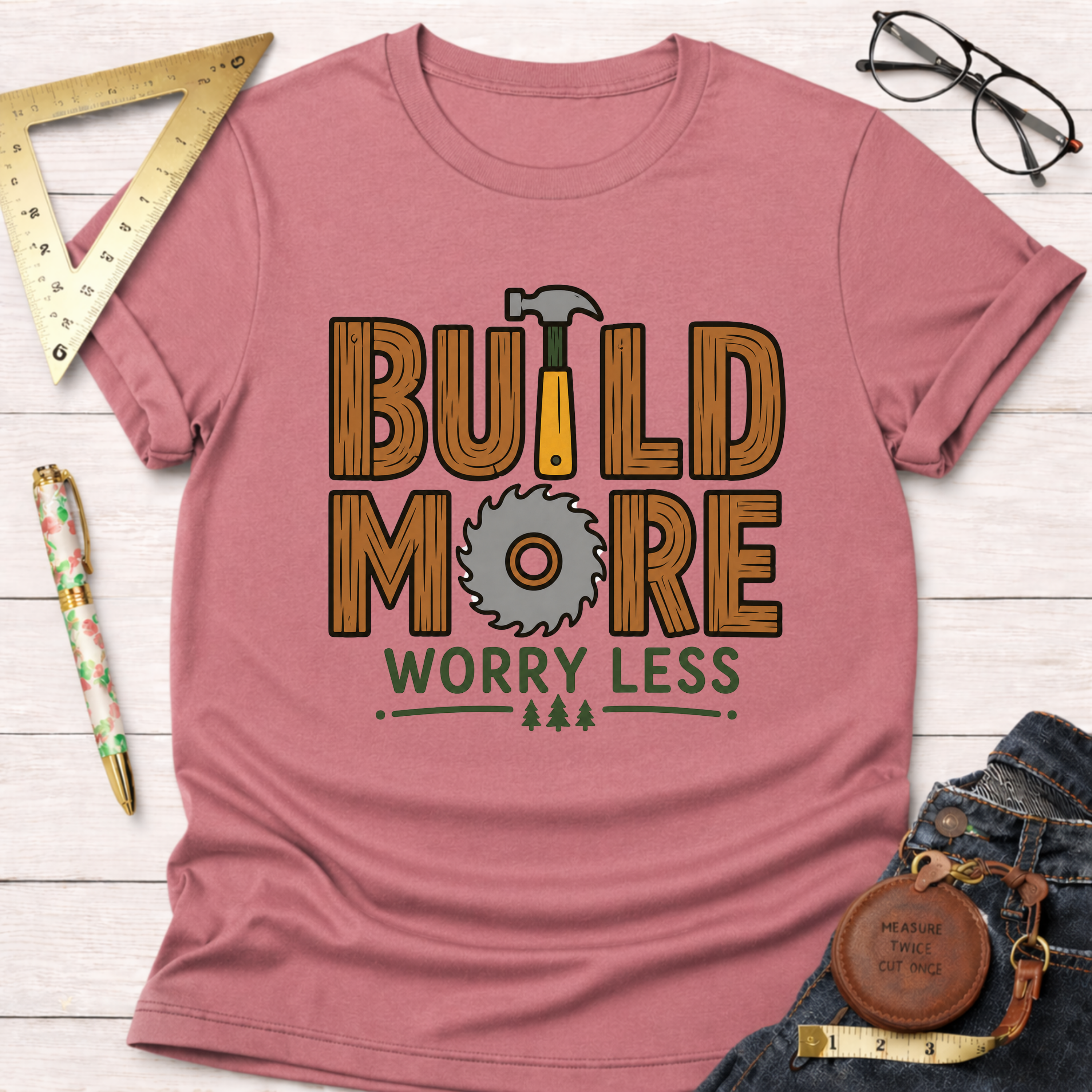 Women's funny woodworking graphic tee shirt for female woodworkers, makers, and DIY builders — Sawdust & Ponytails. Pink short-sleeve t-shirt with "BUILD MORE WORRY LESS" wood-textured text and a hammer and saw blade graphic.
