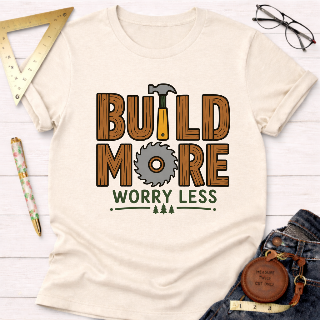 Women's funny woodworking graphic tee shirt for female woodworkers, makers, and DIY builders — Sawdust & Ponytails. Cream t-shirt with "BUILD MORE WORRY LESS" wood-textured text, hammer, and saw blade graphic.