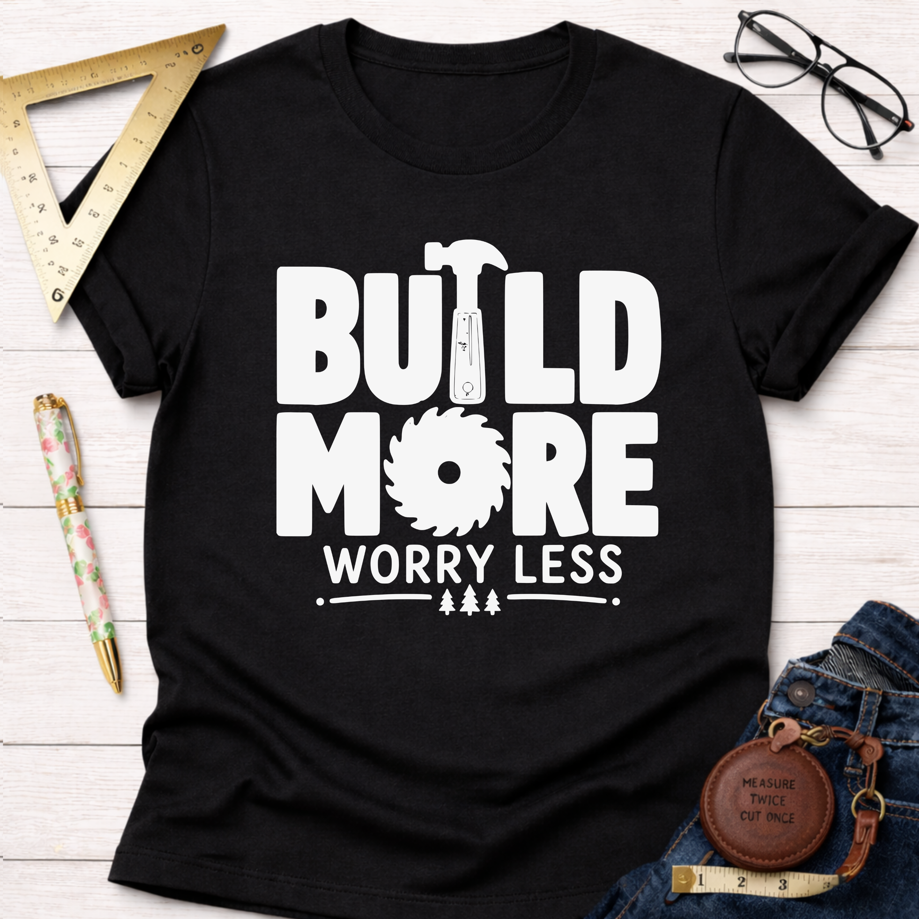 Women's funny woodworking graphic tee shirt for female woodworkers, makers, and DIY builders — Sawdust & Ponytails. Black cotton tee with "BUILD MORE WORRY LESS" text, hammer, and saw blade graphic.