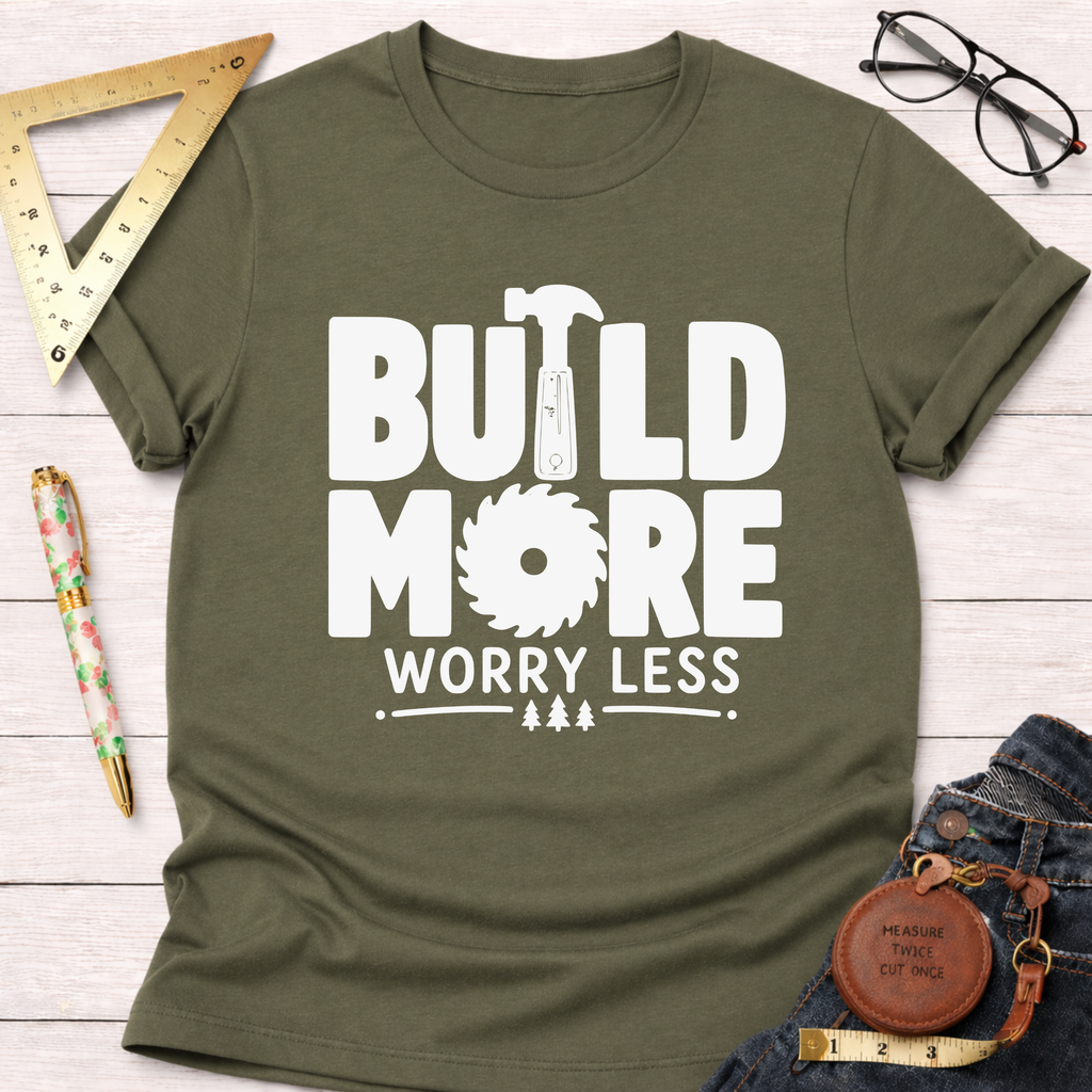 Women's funny woodworking graphic tee shirt for female woodworkers, makers, and DIY builders — Sawdust & Ponytails. Olive green cotton tee with "BUILD MORE WORRY LESS" text, hammer, and saw blade graphic.