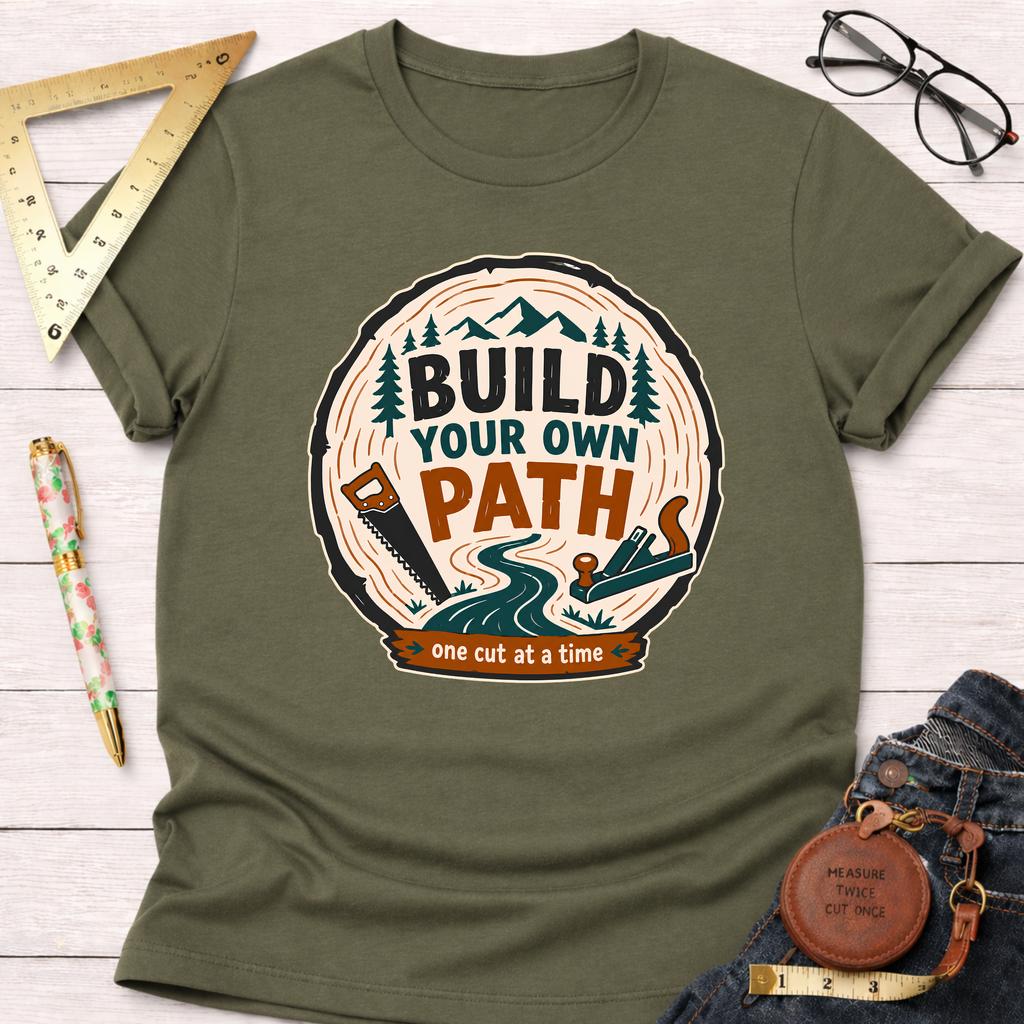 Olive green "Build Your Own Path" t-shirt with a wood slice graphic, mountains, tools, and a river.