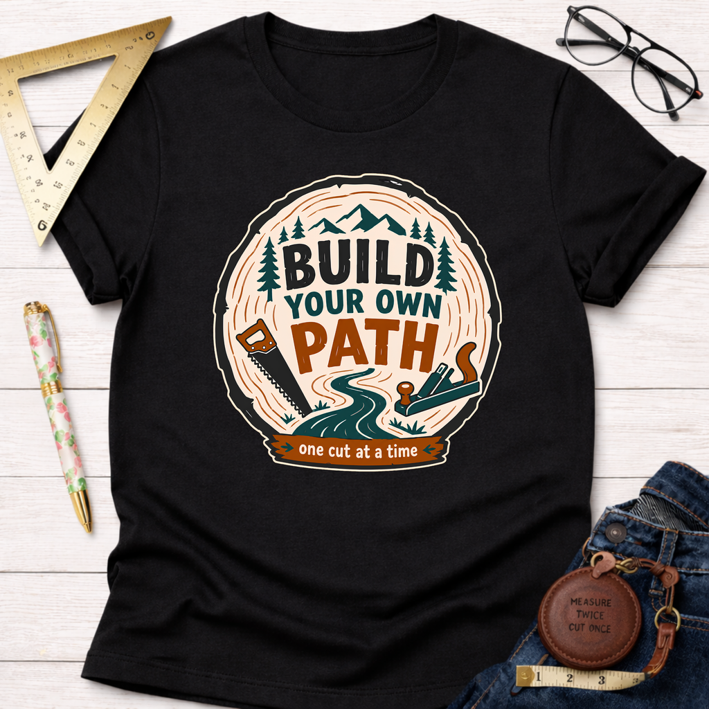 Black t-shirt with "Build Your Own Path" design featuring mountains, trees, saw, plane, and a winding road.