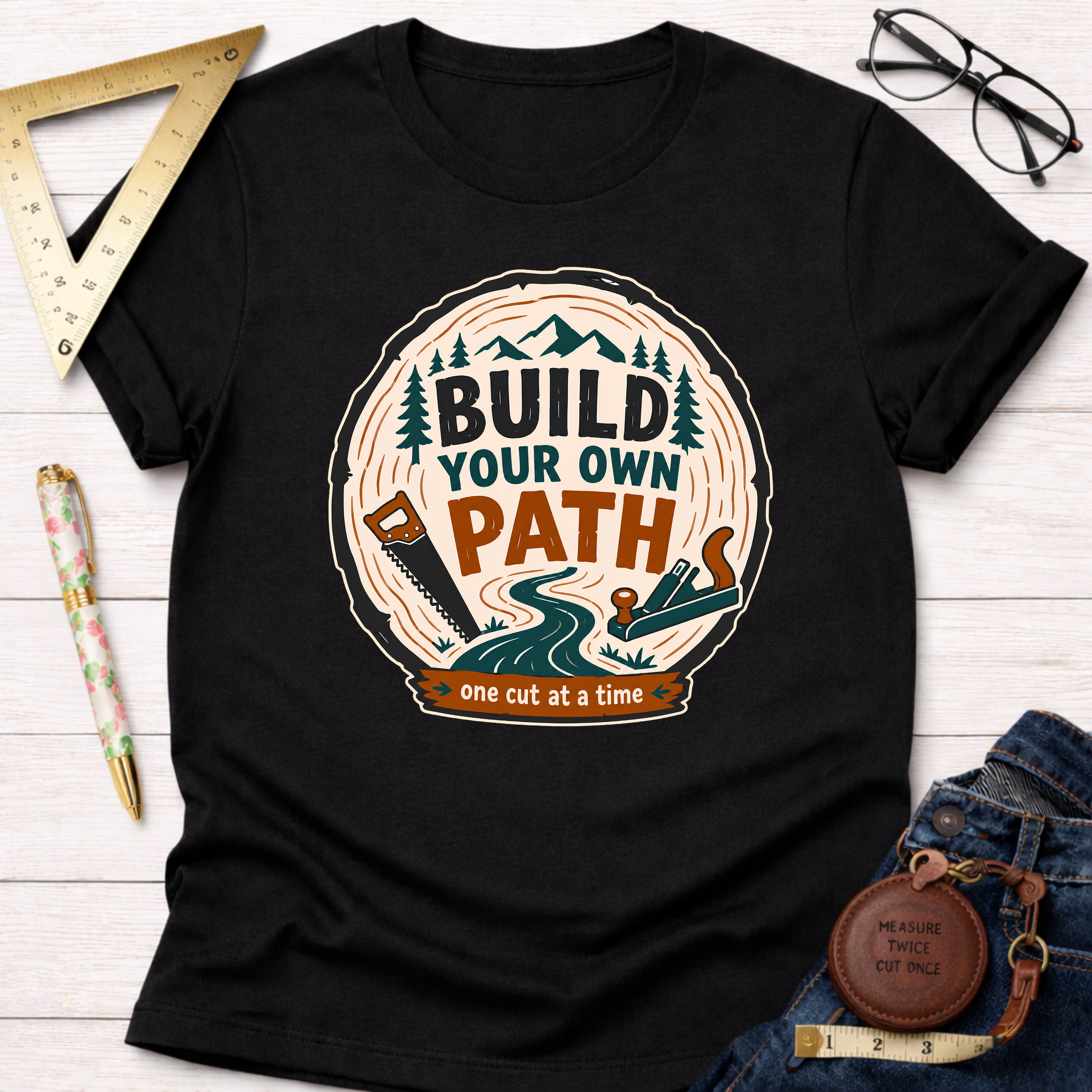 Black t-shirt with "Build Your Own Path" design featuring mountains, trees, saw, plane, and a winding road.