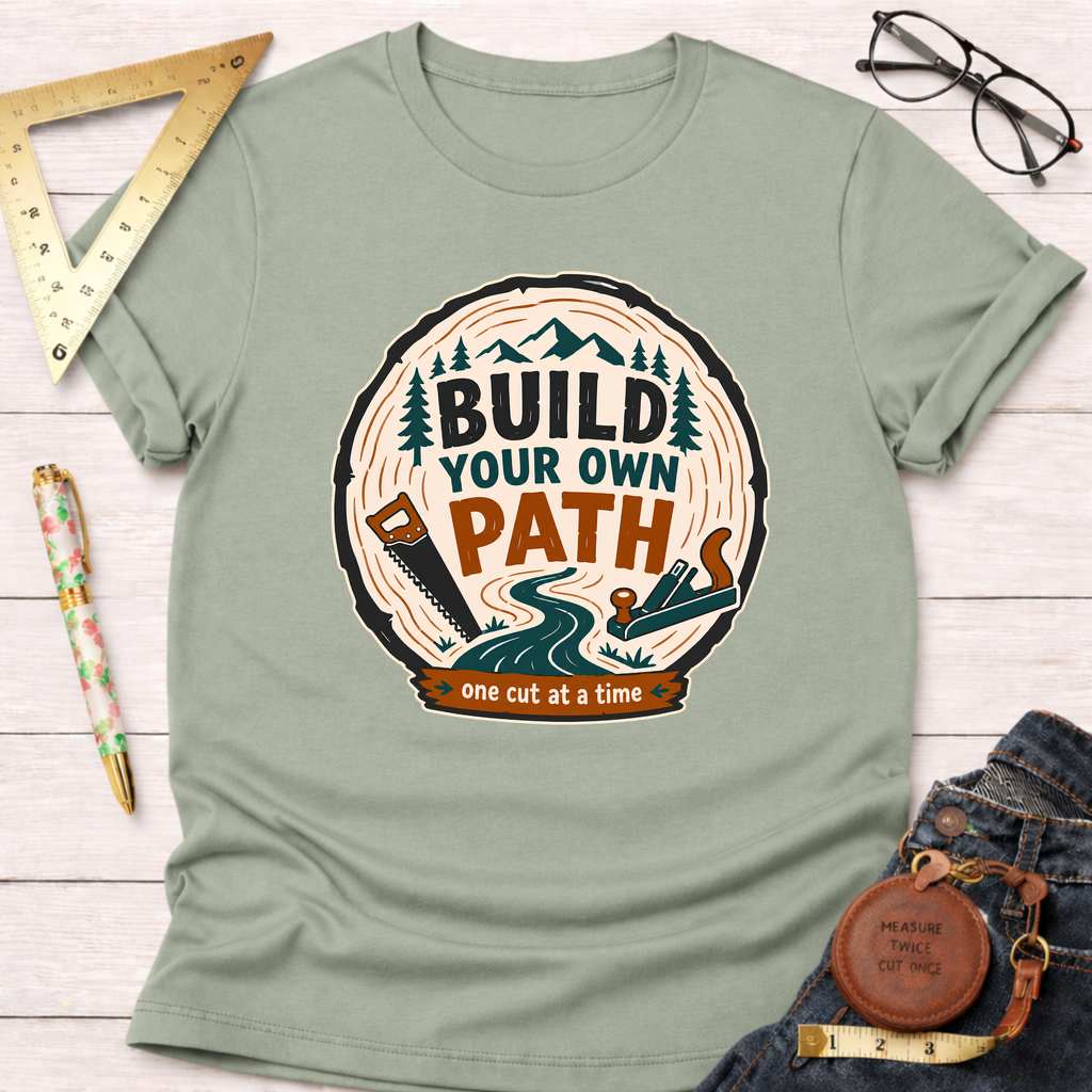 Sage green cotton t-shirt with a "Build Your Own Path" wood slice graphic featuring a saw, plane, and mountains.