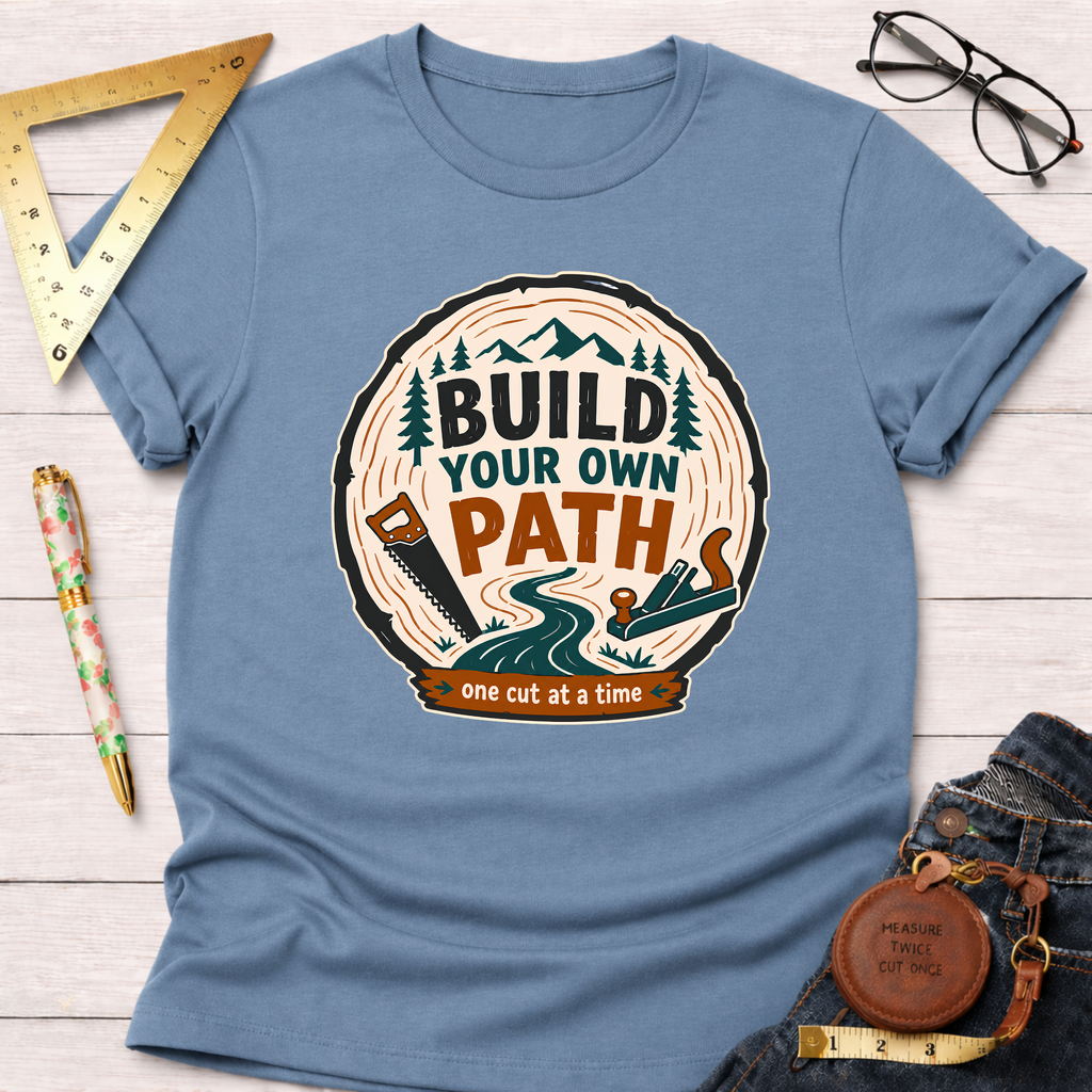 Blue cotton t-shirt with "Build Your Own Path" design featuring a tree trunk, saw, plane, and mountains.