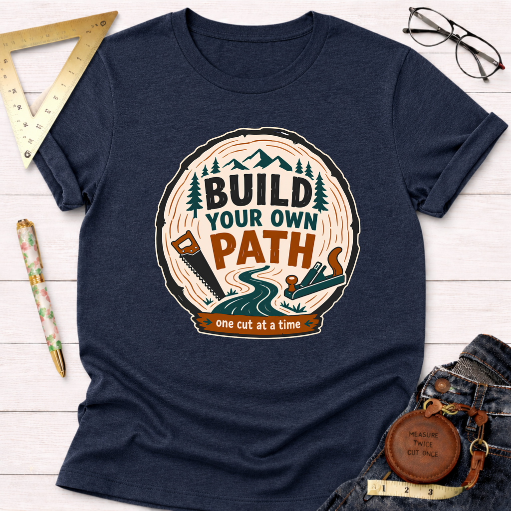 Navy heather t-shirt with "Build Your Own Path" design featuring a wood slice, saw, plane, and mountains.