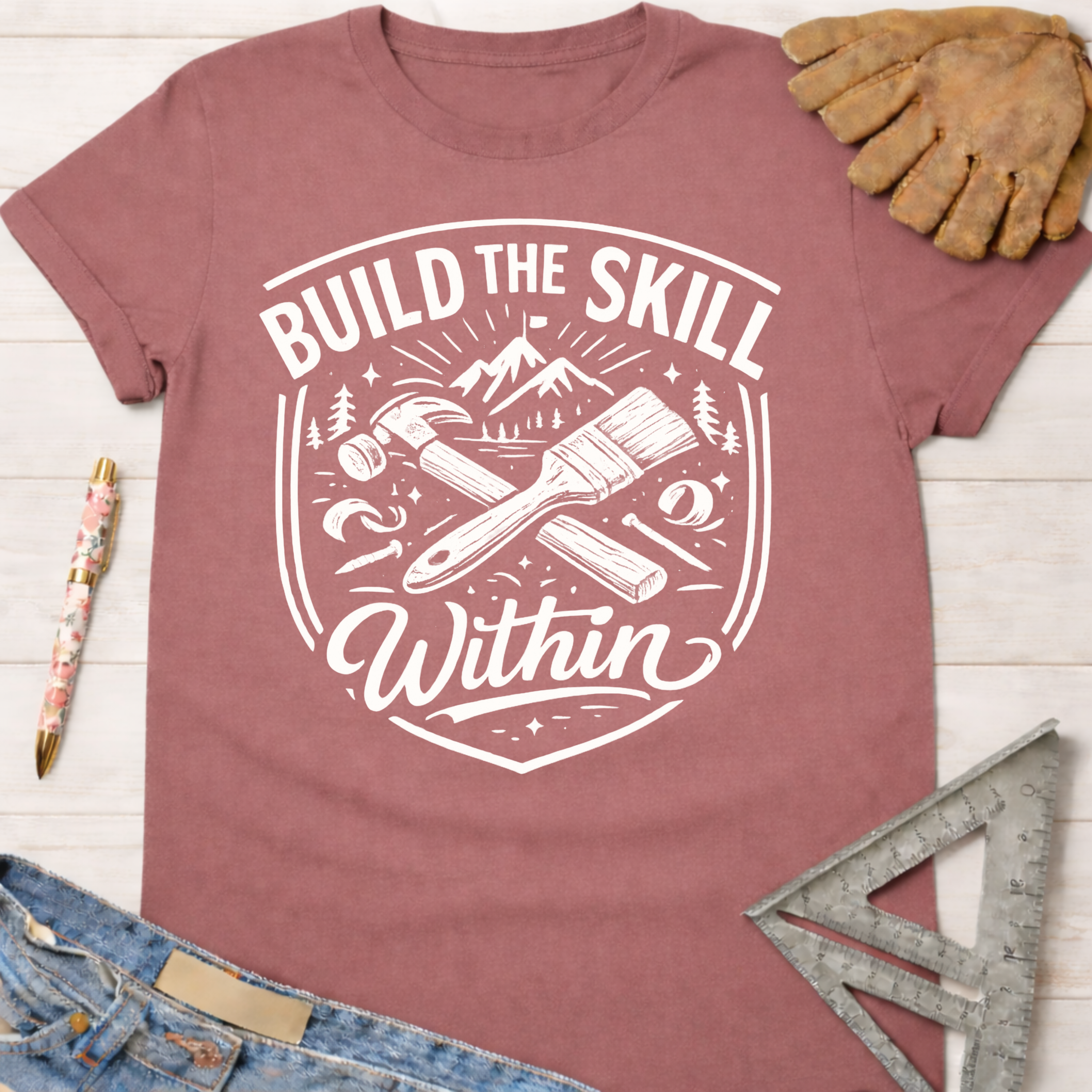 Women's funny woodworking graphic tee shirt for female woodworkers, makers, and DIY builders — Sawdust & Ponytails.