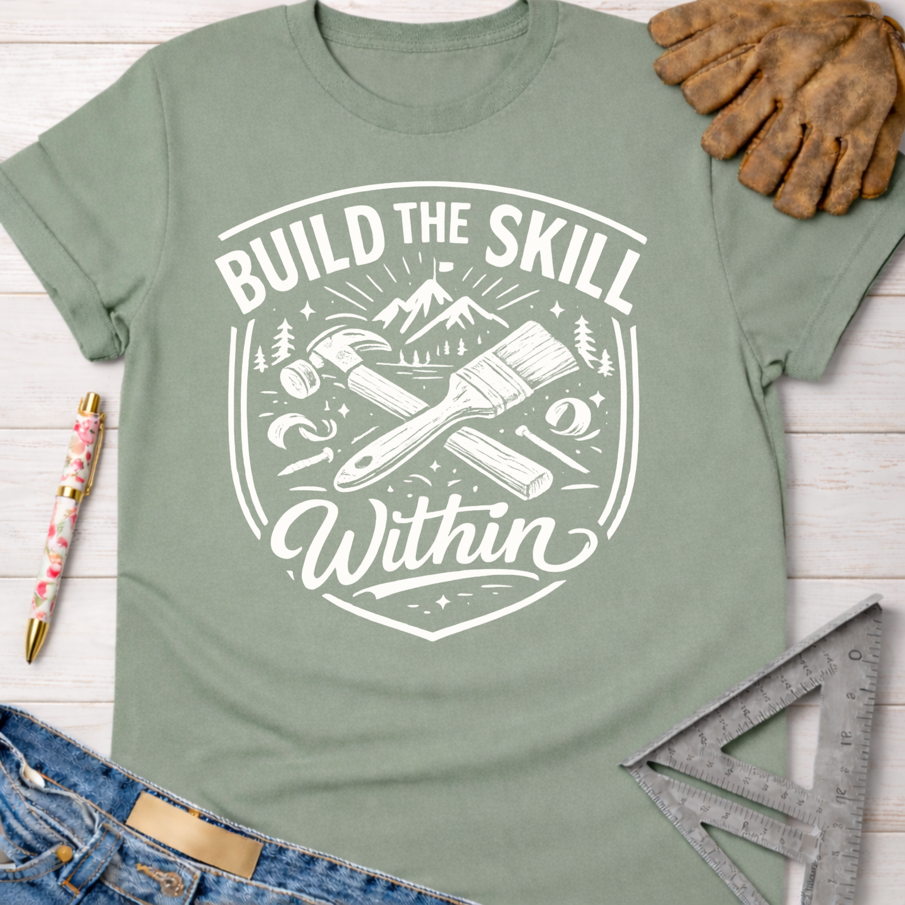 Women's funny woodworking graphic tee shirt for female woodworkers, makers, and DIY builders — Sawdust & Ponytails. Sage green cotton tee with "Build the Skill Within" graphic.