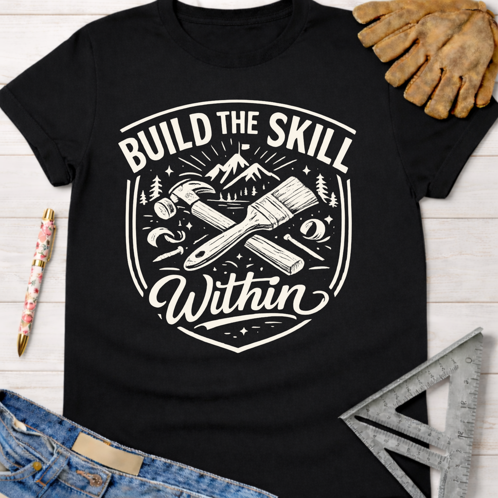 Women's funny woodworking graphic tee shirt for female woodworkers, makers, and DIY builders — Sawdust & Ponytails. Black cotton tee with "Build The Skill Within" graphic featuring hammer, paintbrush, and mountains.