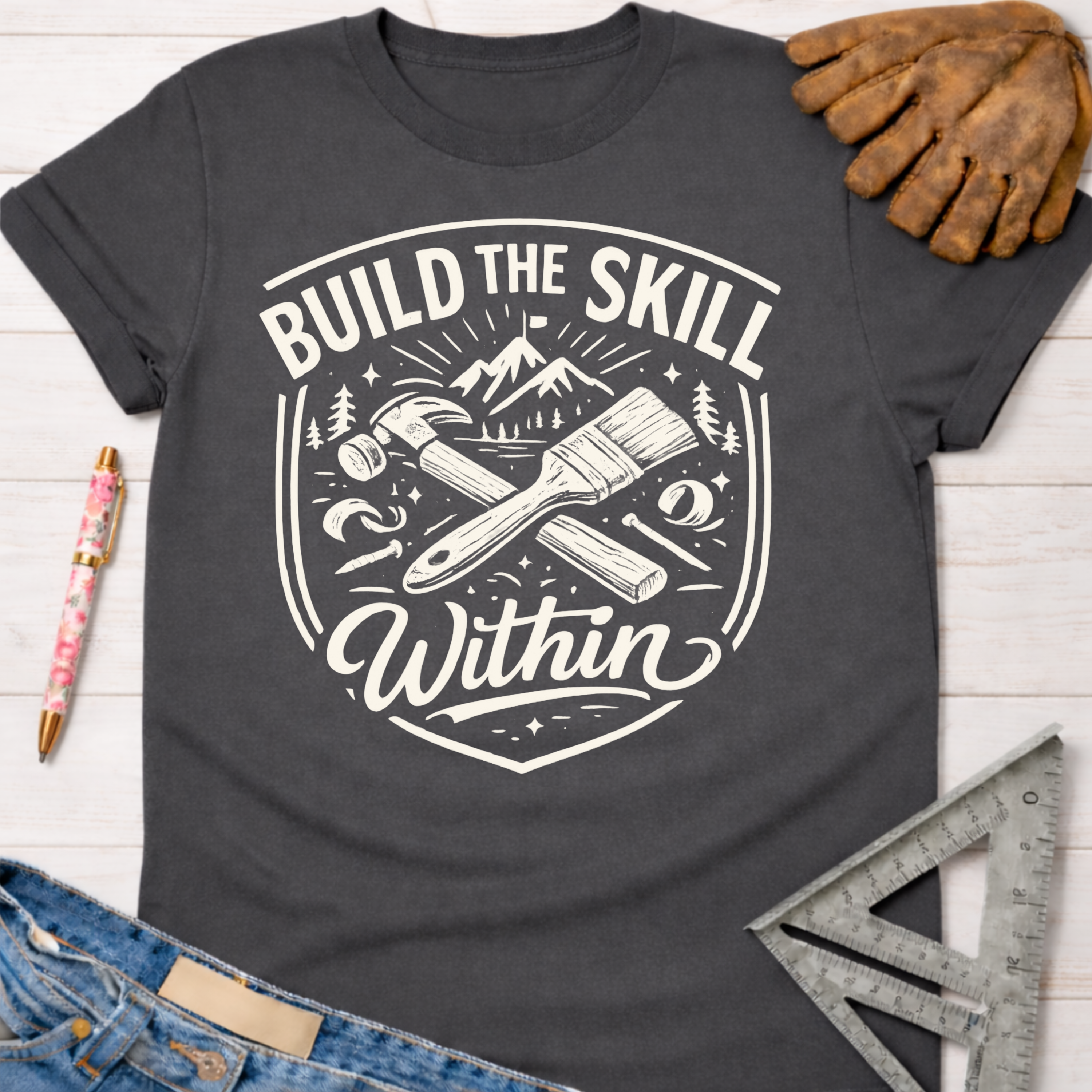 Women's funny woodworking graphic tee shirt for female woodworkers, makers, and DIY builders — Sawdust & Ponytails. Dark gray cotton tee with "Build the Skill Within" graphic, hammer, paintbrush, and mountains.