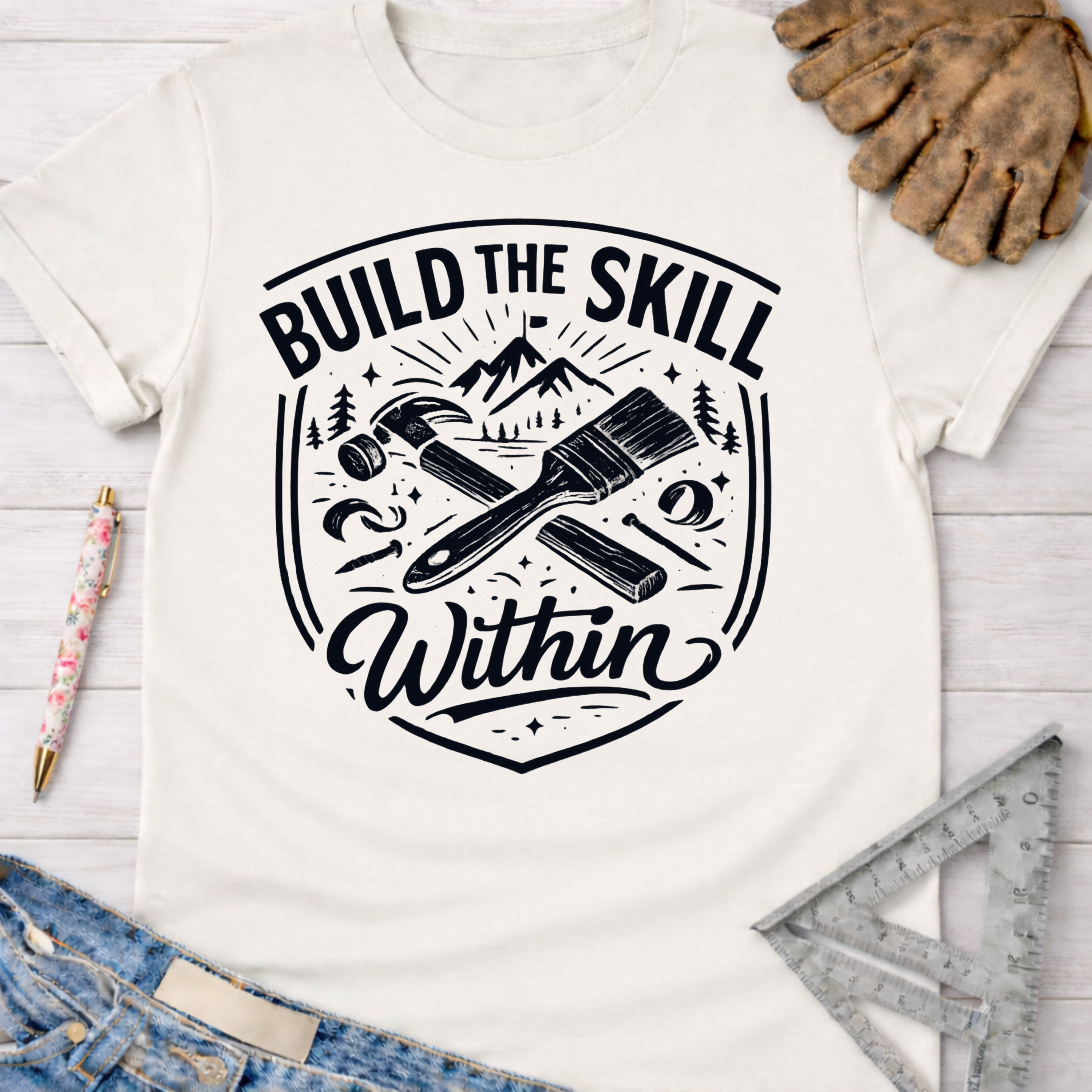 Women's funny woodworking graphic tee shirt for female woodworkers, makers, and DIY builders — Sawdust & Ponytails. Cream t-shirt with "Build the Skill Within" graphic featuring a hammer, paintbrush, and mountains.