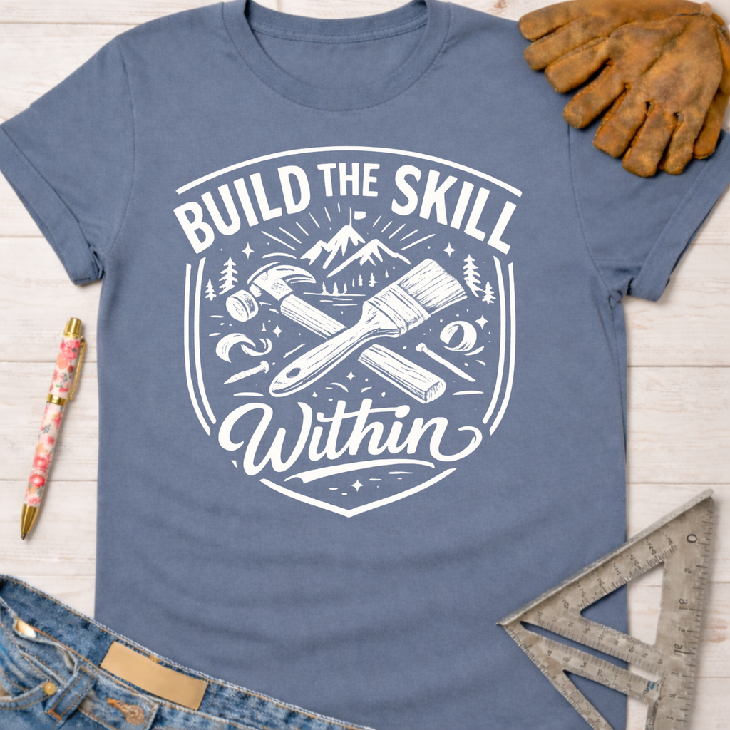 Women's funny woodworking graphic tee shirt for female woodworkers, makers, and DIY builders — Sawdust & Ponytails. Blue short-sleeve tee with "Build the Skill Within" graphic.