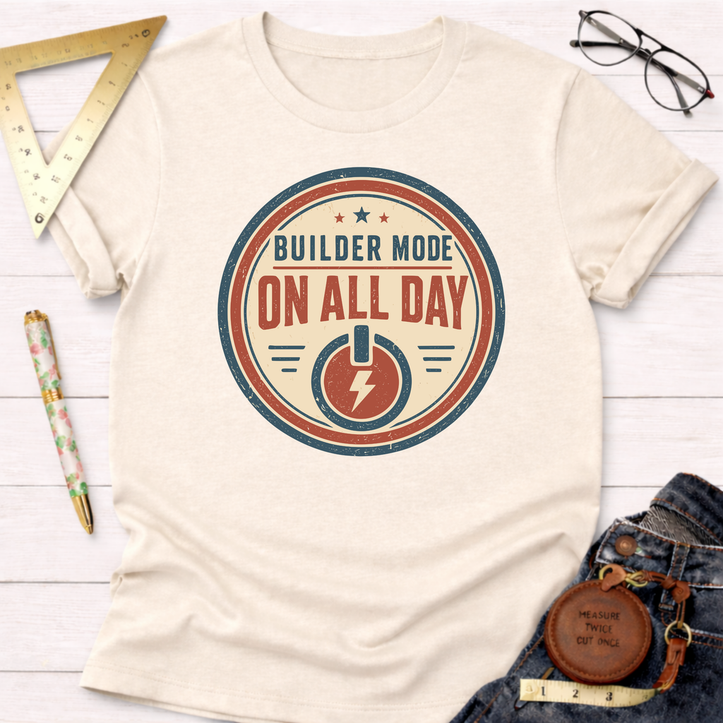 Cream Builder Mode On All Day t-shirt with a red, blue, and cream circular graphic, styled with jeans and tools.