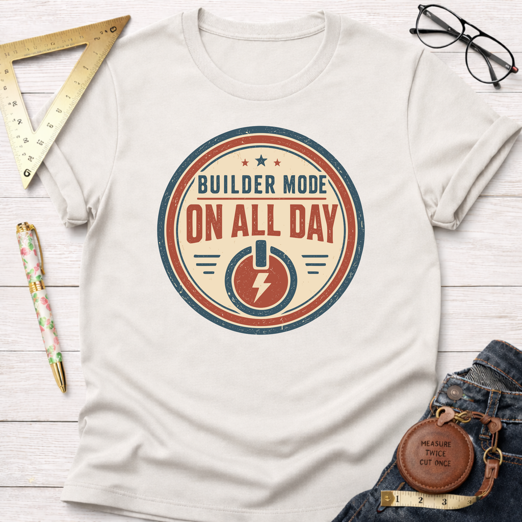 Off-white cotton t-shirt with a "Builder Mode On All Day" graphic, styled with jeans and tools.