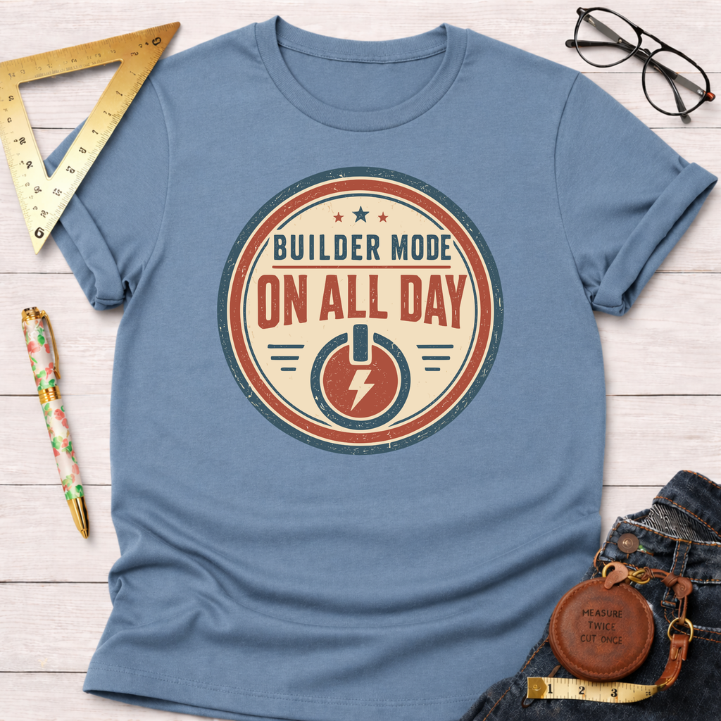 Light blue cotton t-shirt with "Builder Mode On All Day" graphic, power icon, and stars.