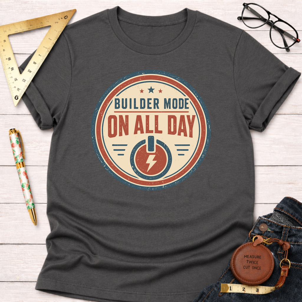 Dark gray cotton t-shirt with a distressed "Builder Mode On All Day" graphic, ruler, pen, and glasses.