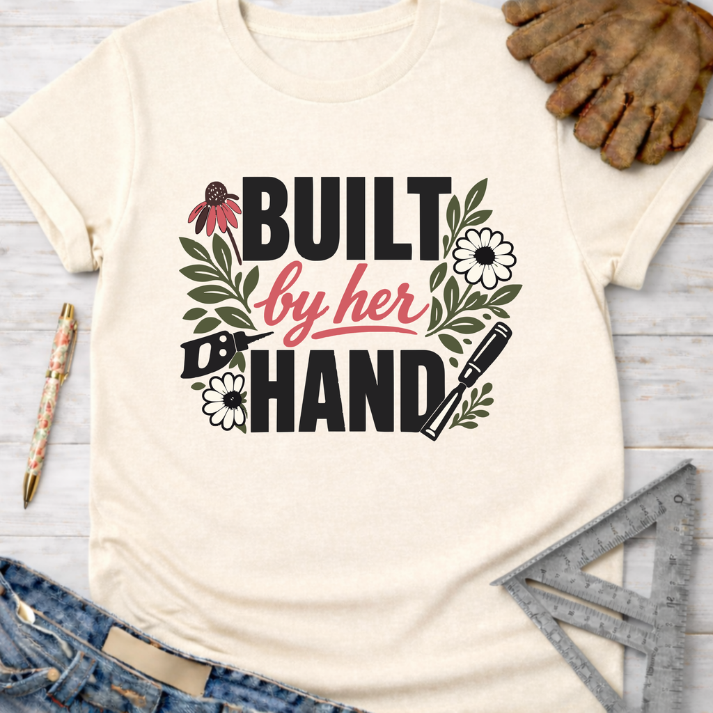 Women's funny woodworking graphic tee shirt for female woodworkers, makers, and DIY builders — Sawdust & Ponytails. Cream t-shirt with "Built by her HAND" graphic, tools, and flowers.