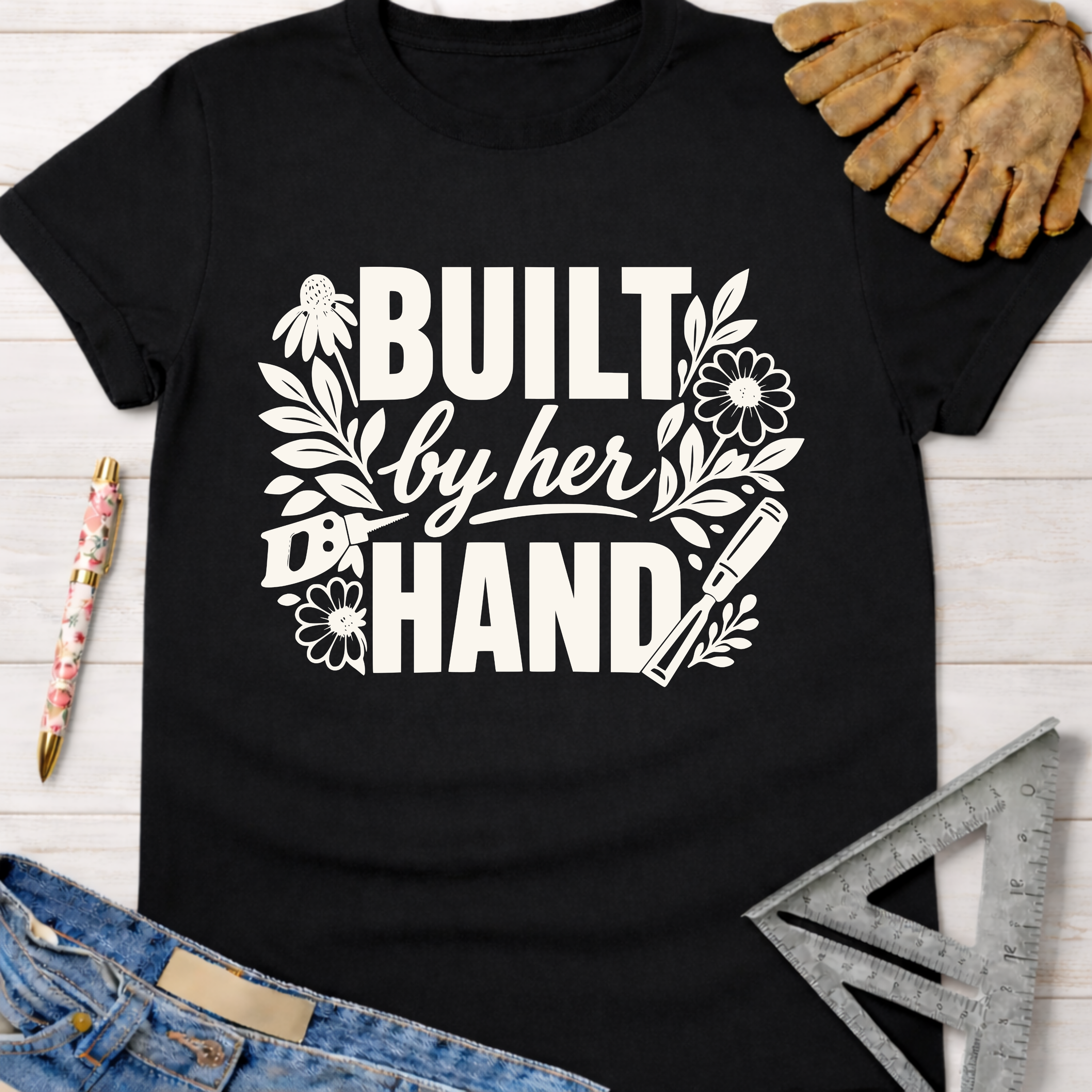 Black cotton tee with "Built by her HAND" graphic, floral and tool accents. Women's funny woodworking graphic tee shirt for female woodworkers, makers, and DIY builders — Sawdust & Ponytails.