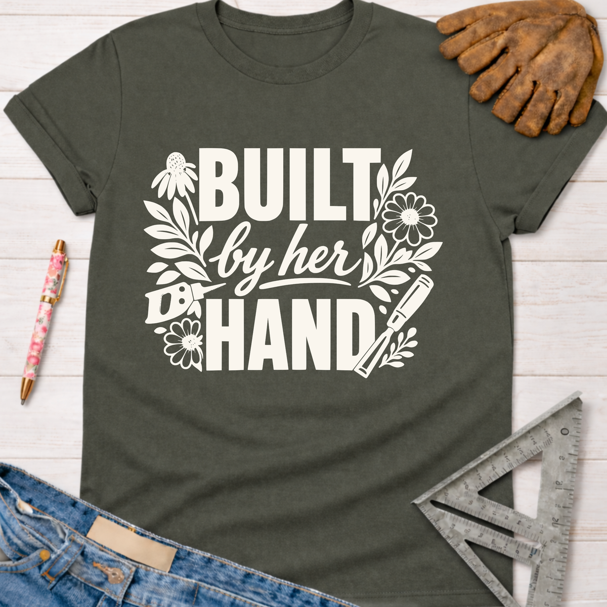Women's funny woodworking graphic tee shirt for female woodworkers, makers, and DIY builders — Sawdust & Ponytails. Dark gray tee with "Built by Her Hand" in white floral design.