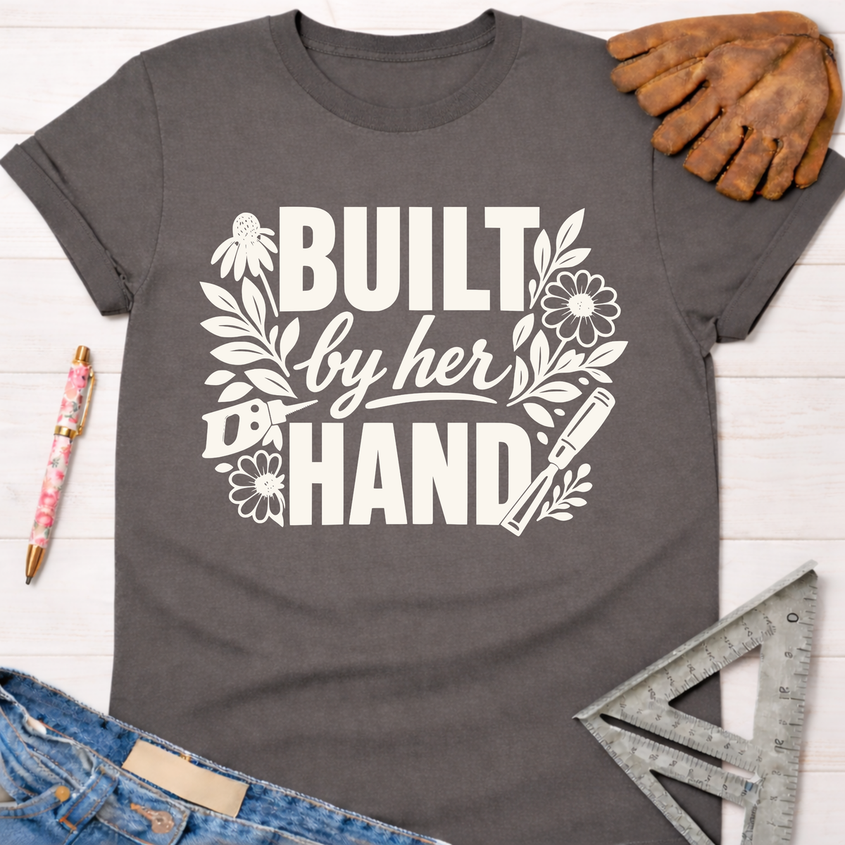 Charcoal grey "Built by her HAND" graphic tee with floral and tool designs, for female woodworkers. Sawdust & Ponytails.
