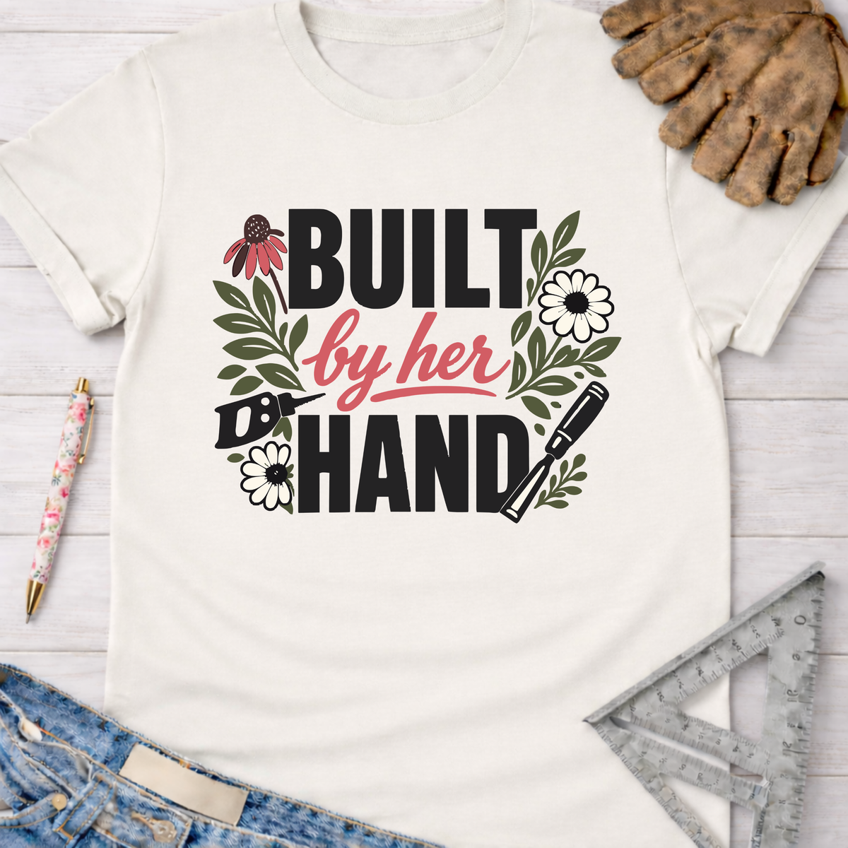 Women's funny woodworking graphic tee shirt for female woodworkers, makers, and DIY builders — Sawdust & Ponytails. White cotton tee with "Built by her Hand" surrounded by flowers and tools.