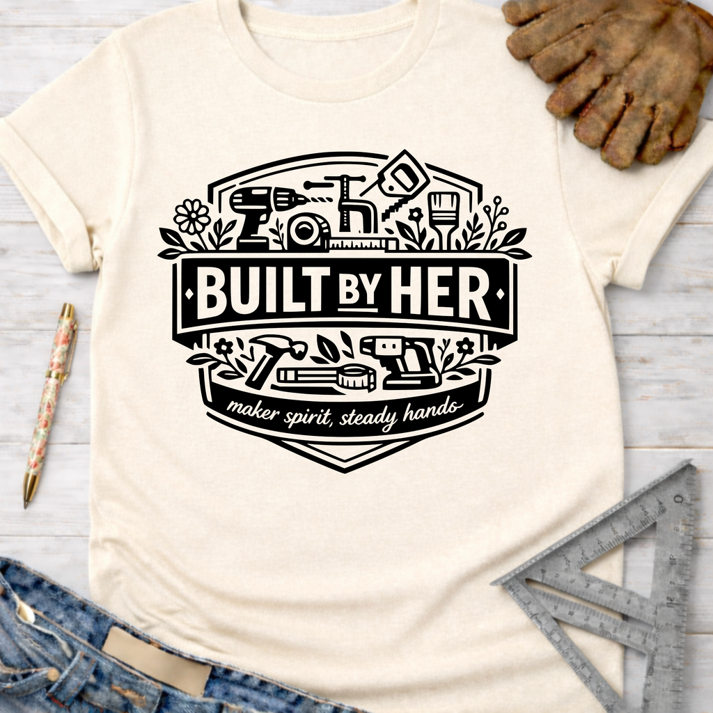 Women's funny woodworking graphic tee shirt for female woodworkers, makers, and DIY builders — Sawdust & Ponytails. Cream t-shirt with "Built By Her" tools graphic.