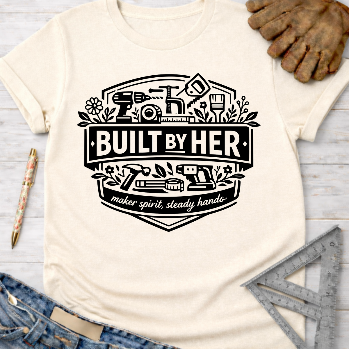 Women's funny woodworking graphic tee shirt for female woodworkers, makers, and DIY builders — Sawdust & Ponytails. Cream t-shirt with "Built By Her" tools graphic.