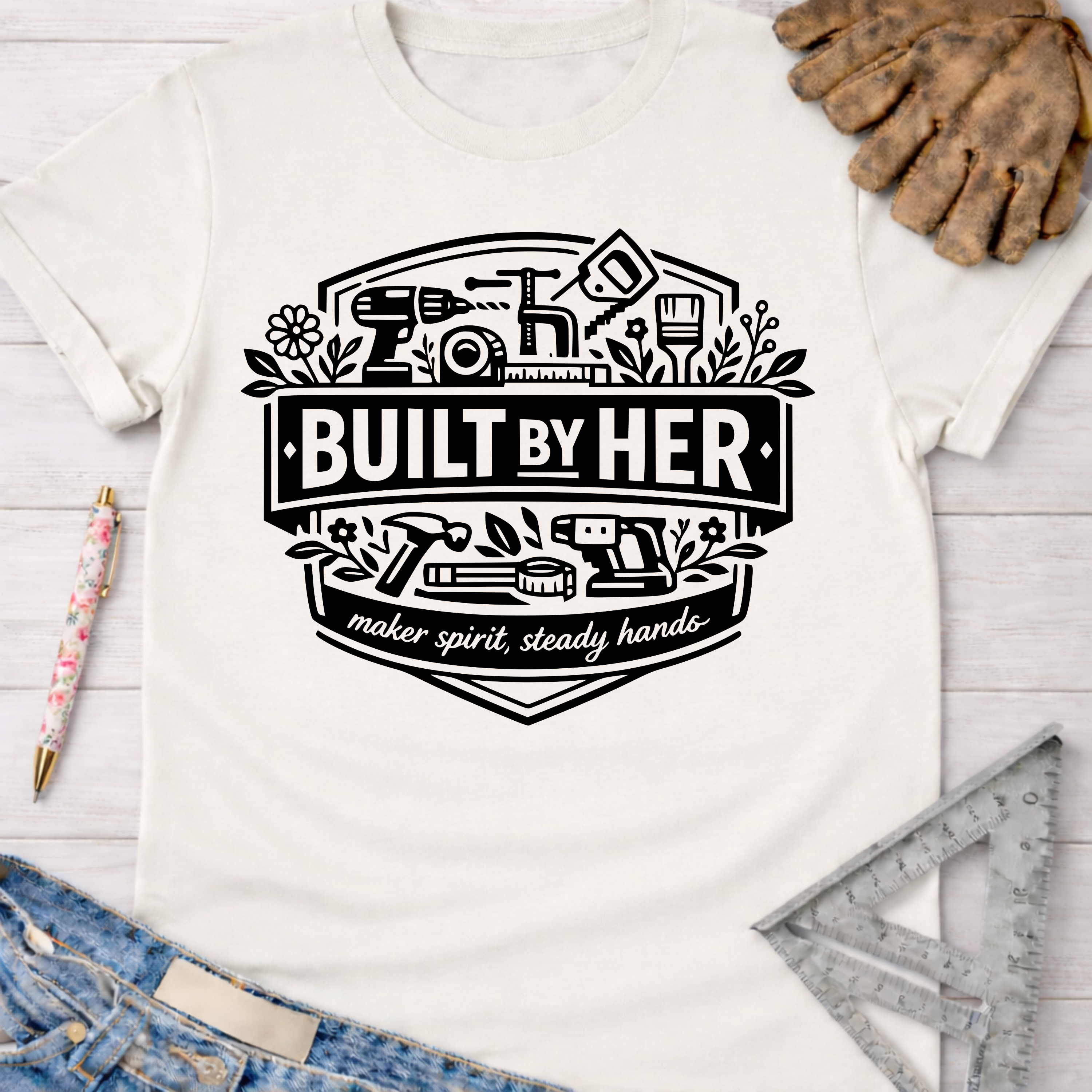 Women's funny woodworking graphic tee shirt for female woodworkers, makers, and DIY builders — Sawdust & Ponytails. Cream "Built By Her" graphic tee with tools.