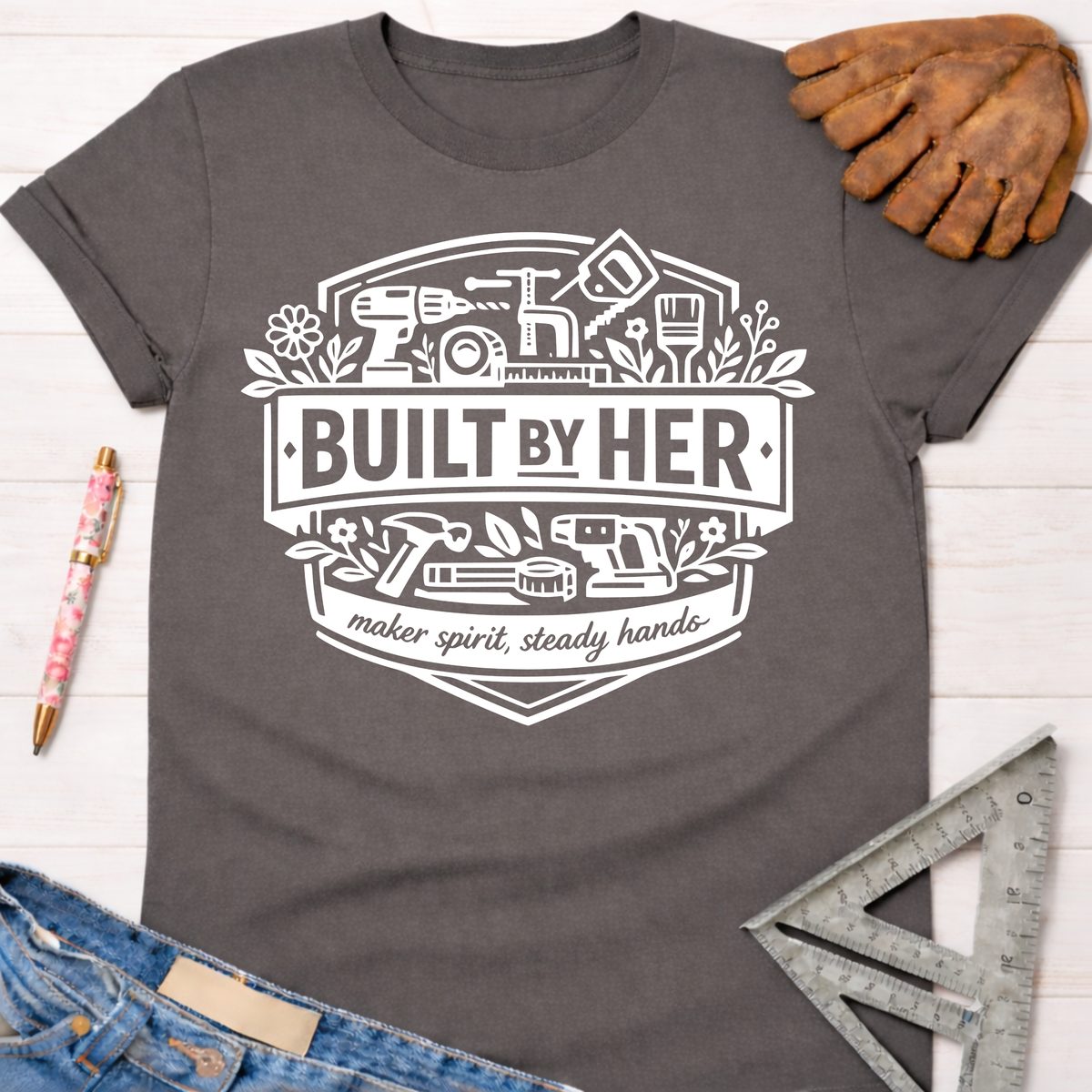 Charcoal gray "Built By Her" graphic tee with tools, "maker spirit, steady hands" text, and rolled sleeves. Women's funny woodworking graphic tee shirt for female woodworkers, makers, and DIY builders — Sawdust & Ponytails
