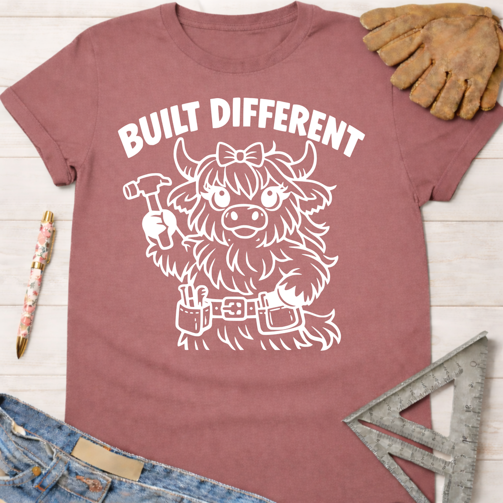 Women's funny woodworking graphic tee shirt for female woodworkers, makers, and DIY builders — Sawdust & Ponytails. Mauve "Built Different" tee with a cute Highland cow holding a hammer and wearing a tool belt.