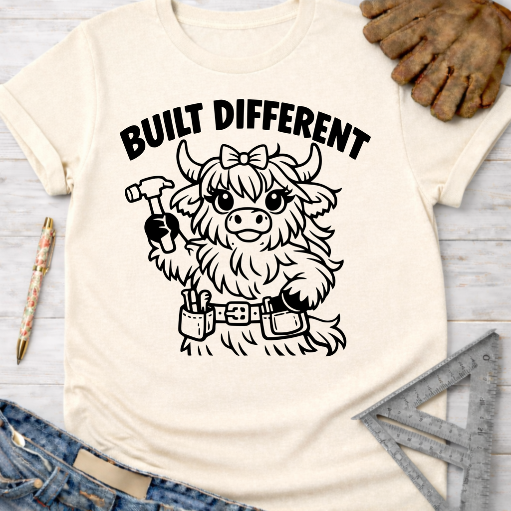 Women's funny woodworking graphic tee shirt for female woodworkers, makers, and DIY builders — Sawdust & Ponytails. Cream t-shirt with a "Built Different" text and a cartoon highland cow wearing a tool belt and holding a hammer.