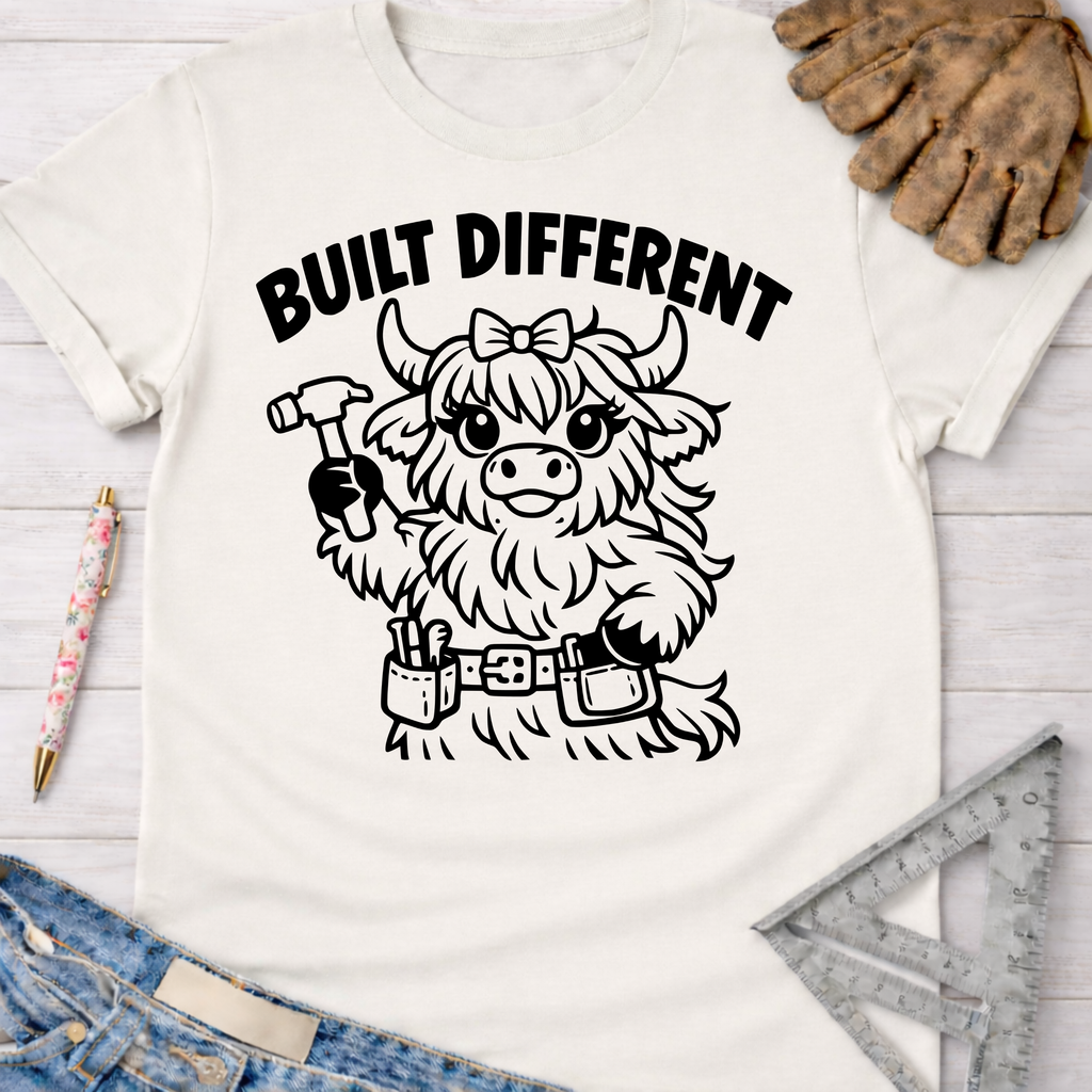 Women's funny woodworking graphic tee shirt for female woodworkers, makers, and DIY builders — Sawdust & Ponytails. White cotton tee with "BUILT DIFFERENT" text and a cute highland cow holding a hammer, wearing a tool belt.