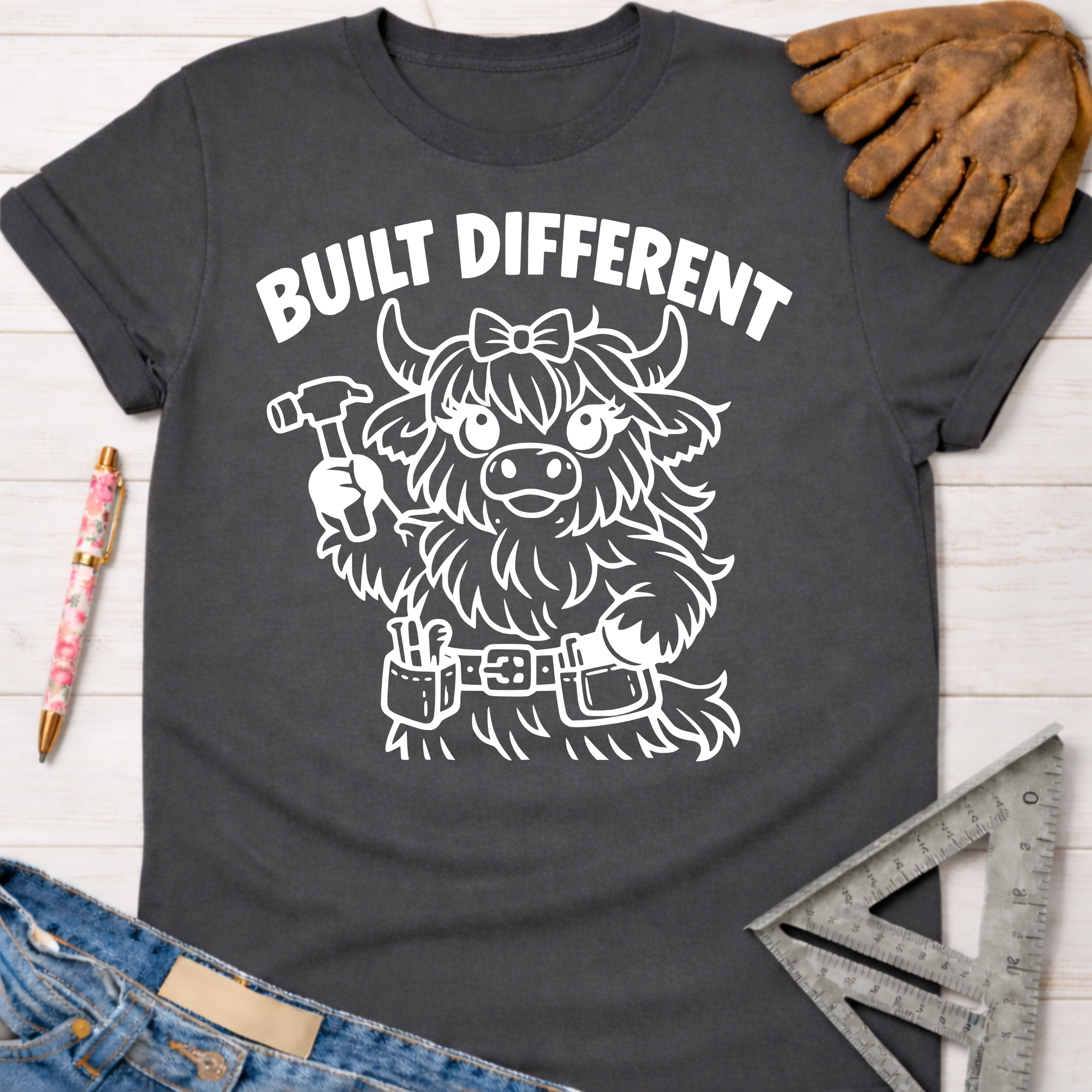Women's funny woodworking graphic tee shirt for female woodworkers, makers, and DIY builders — Sawdust & Ponytails. Dark gray tee with "Built Different" text and a cute Highland cow builder graphic.