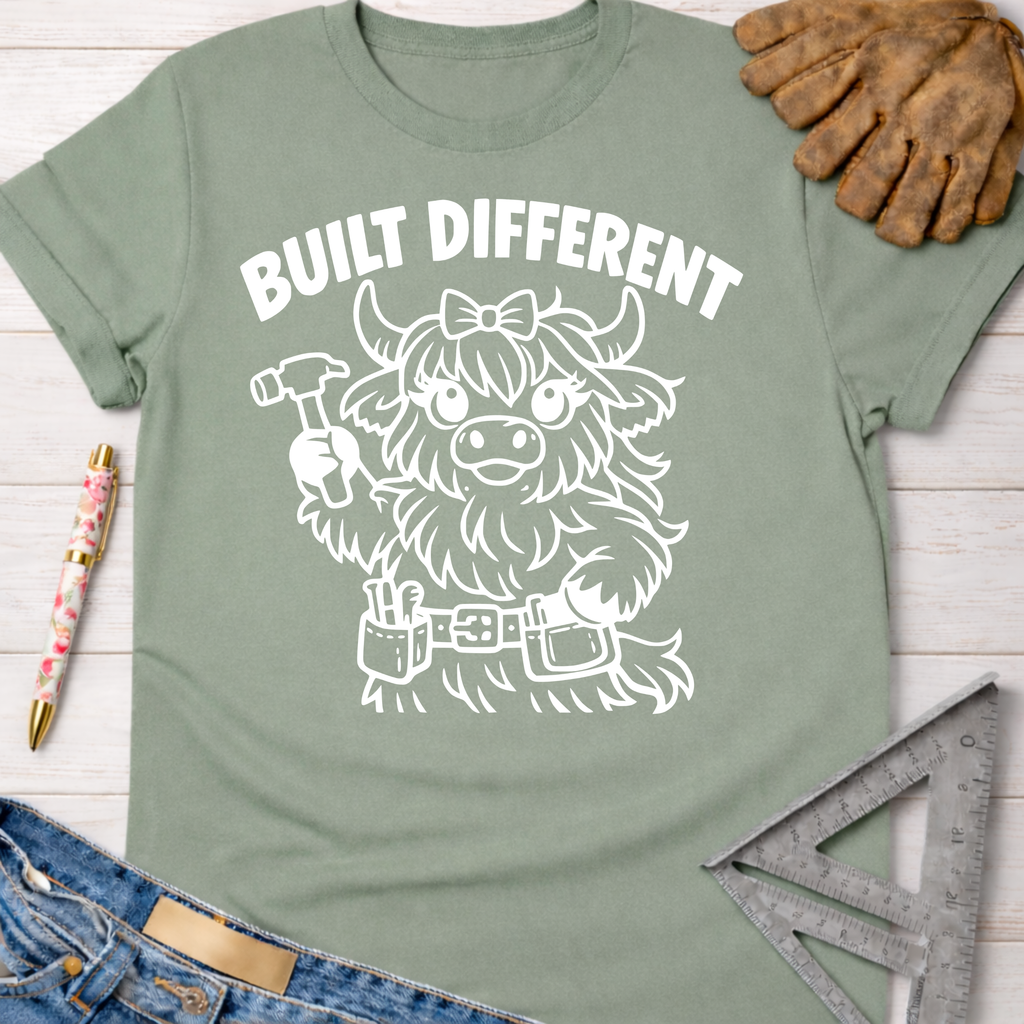 Women's funny woodworking graphic tee shirt for female woodworkers, makers, and DIY builders — Sawdust & Ponytails. Sage green tee with "Built Different" text and a cute highland cow builder graphic.