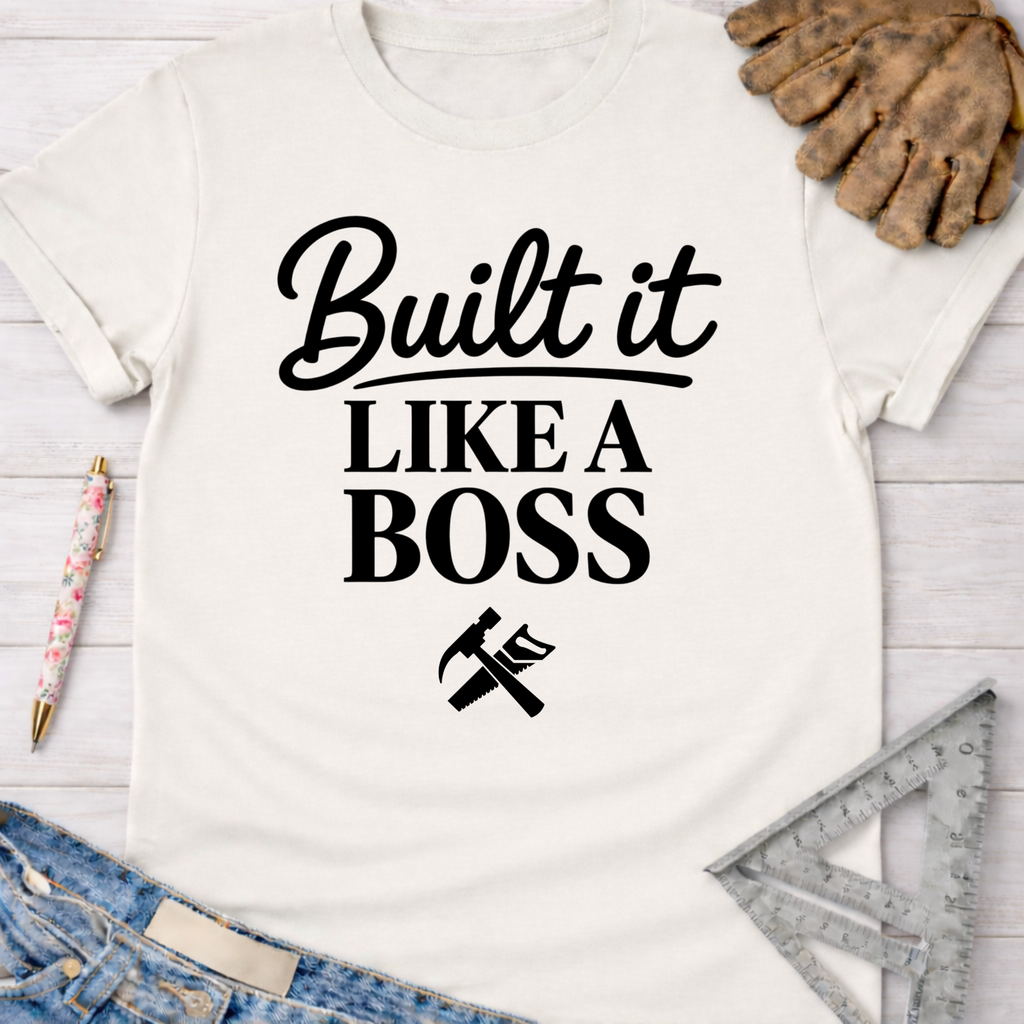 Women's funny woodworking graphic tee shirt for female woodworkers, makers, and DIY builders — Sawdust & Ponytails. White cotton t-shirt with "Built It LIKE A BOSS" text and tool graphic.