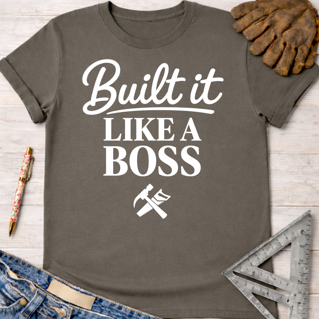 Women's funny woodworking graphic tee shirt for female woodworkers, makers, and DIY builders — Sawdust & Ponytails. Dark gray cotton tee with "Built It LIKE A BOSS" in white, plus hammer and saw icons.