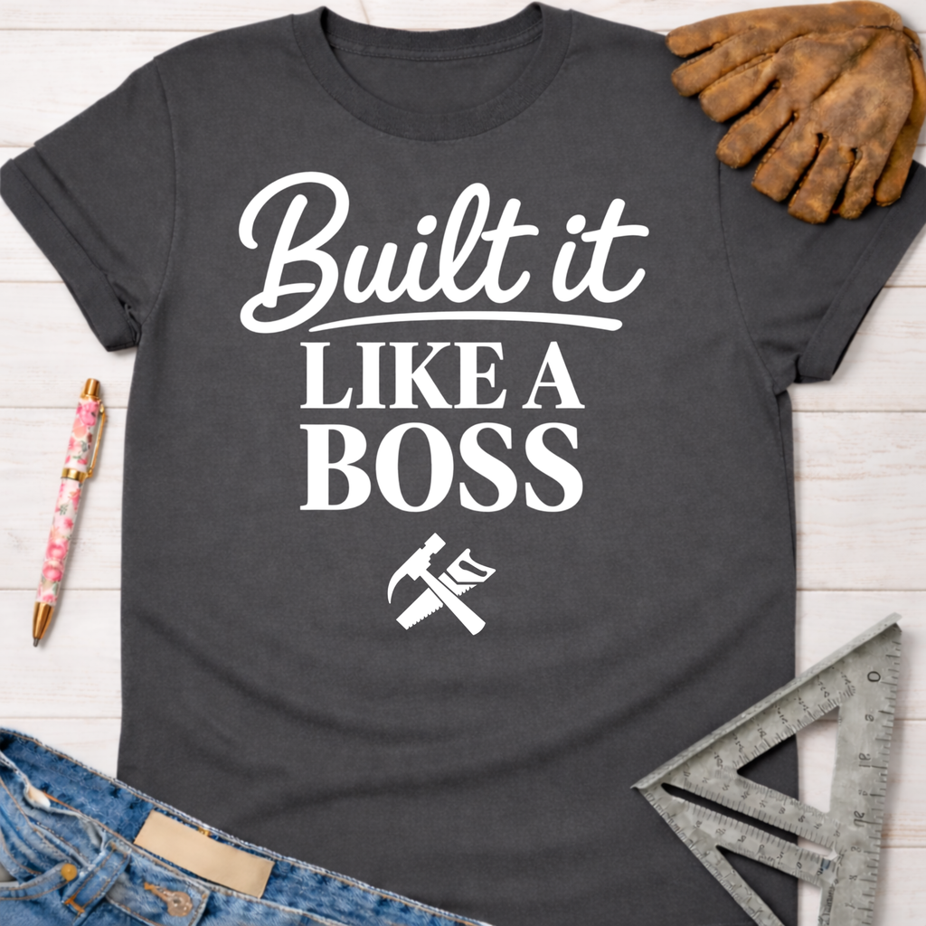 Women's funny woodworking graphic tee shirt for female woodworkers, makers, and DIY builders — Sawdust & Ponytails. Dark gray cotton t-shirt with "Built It Like A Boss" text and tools graphic.