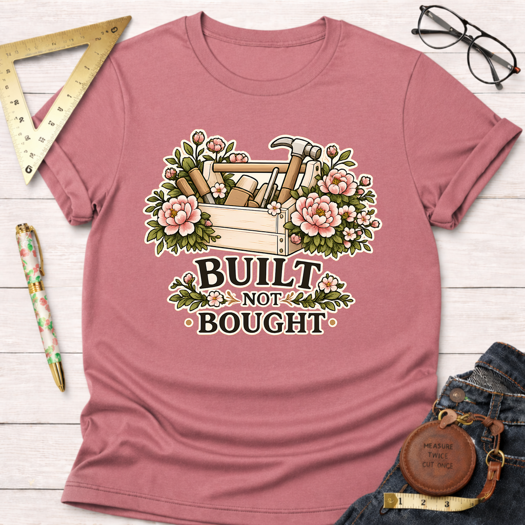 Heather dusty rose t-shirt with "Built Not Bought" text, surrounded by a toolbox, carpentry tools, and pink flowers.