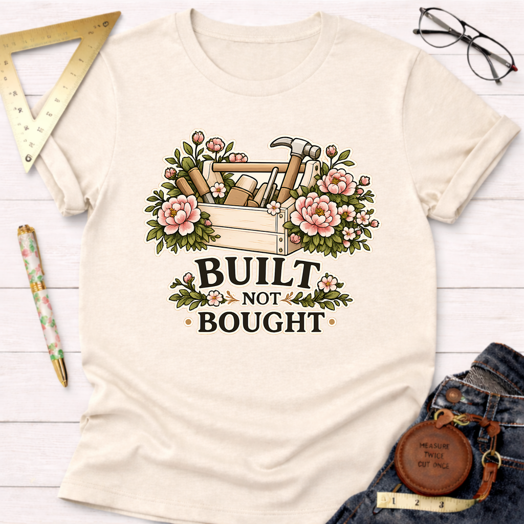 Cream t-shirt with "Built Not Bought" text, a toolbox, and pink floral design.