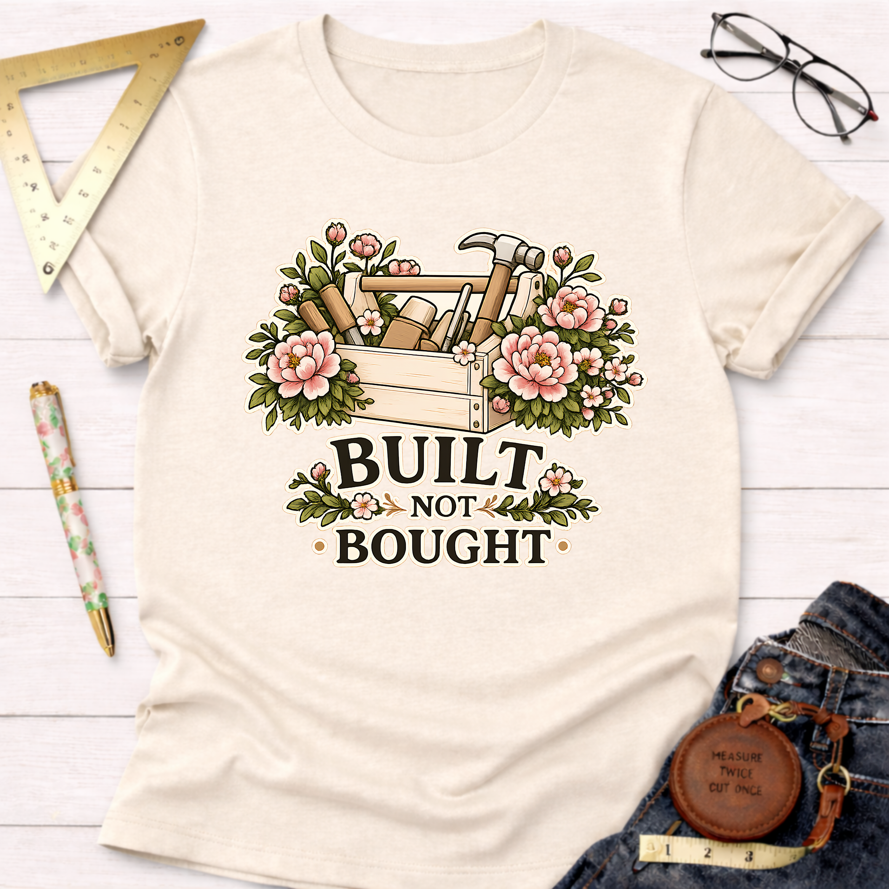 Cream t-shirt with "Built Not Bought" text, a toolbox, and pink floral design.