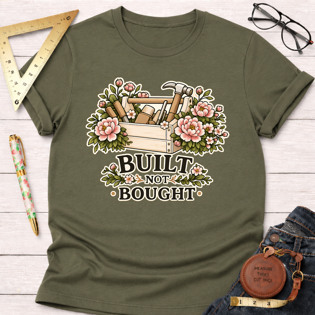 Olive green carpenter t-shirt with "Built Not Bought" text and a toolbox surrounded by pink flowers.