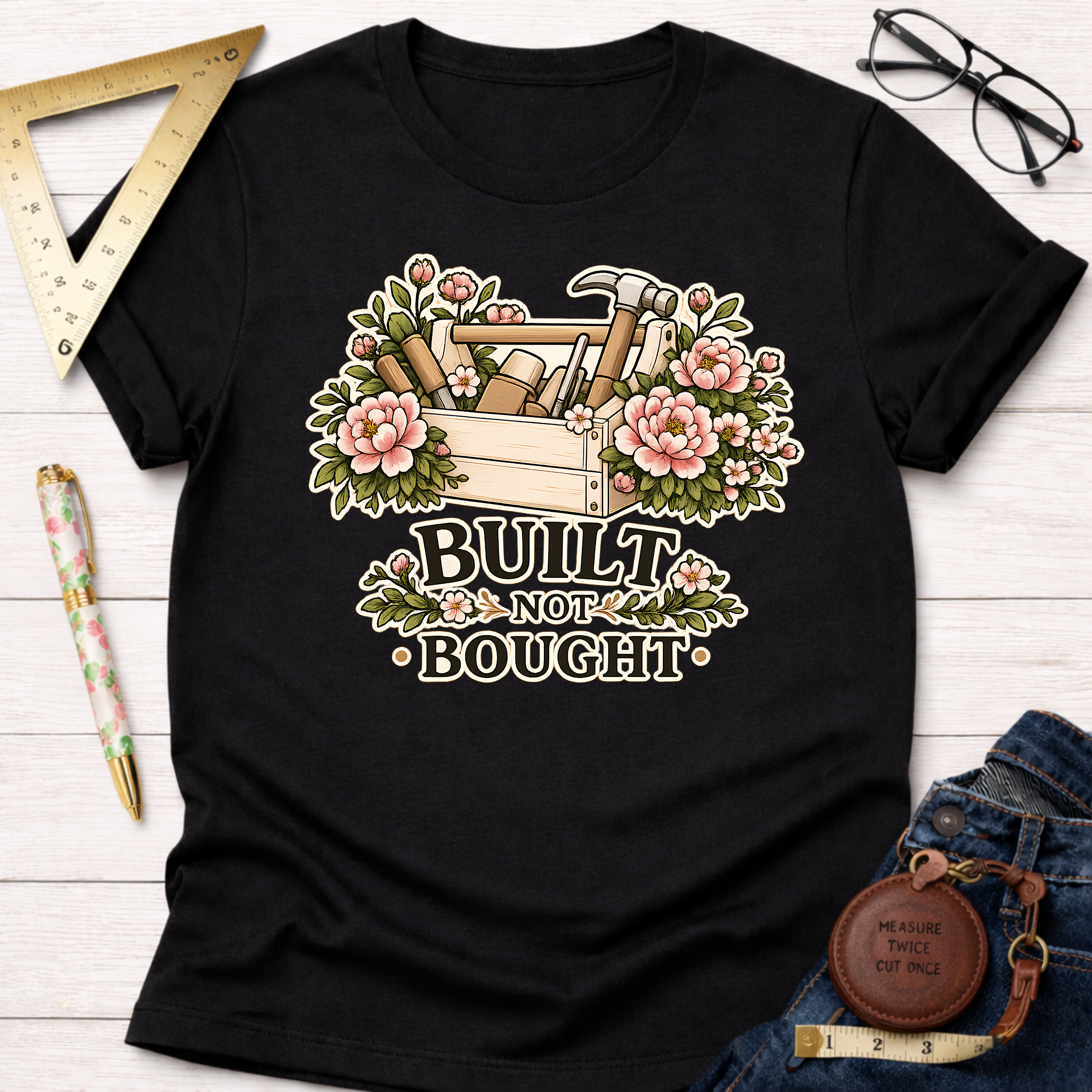 Black cotton t-shirt with a "Built Not Bought" graphic featuring a toolbox, hammer, chisels, and pink peonies.