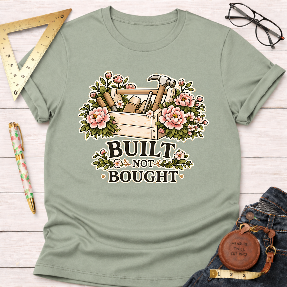 Sage green carpenter t-shirt with "Built Not Bought" text, a toolbox, and pink floral design.