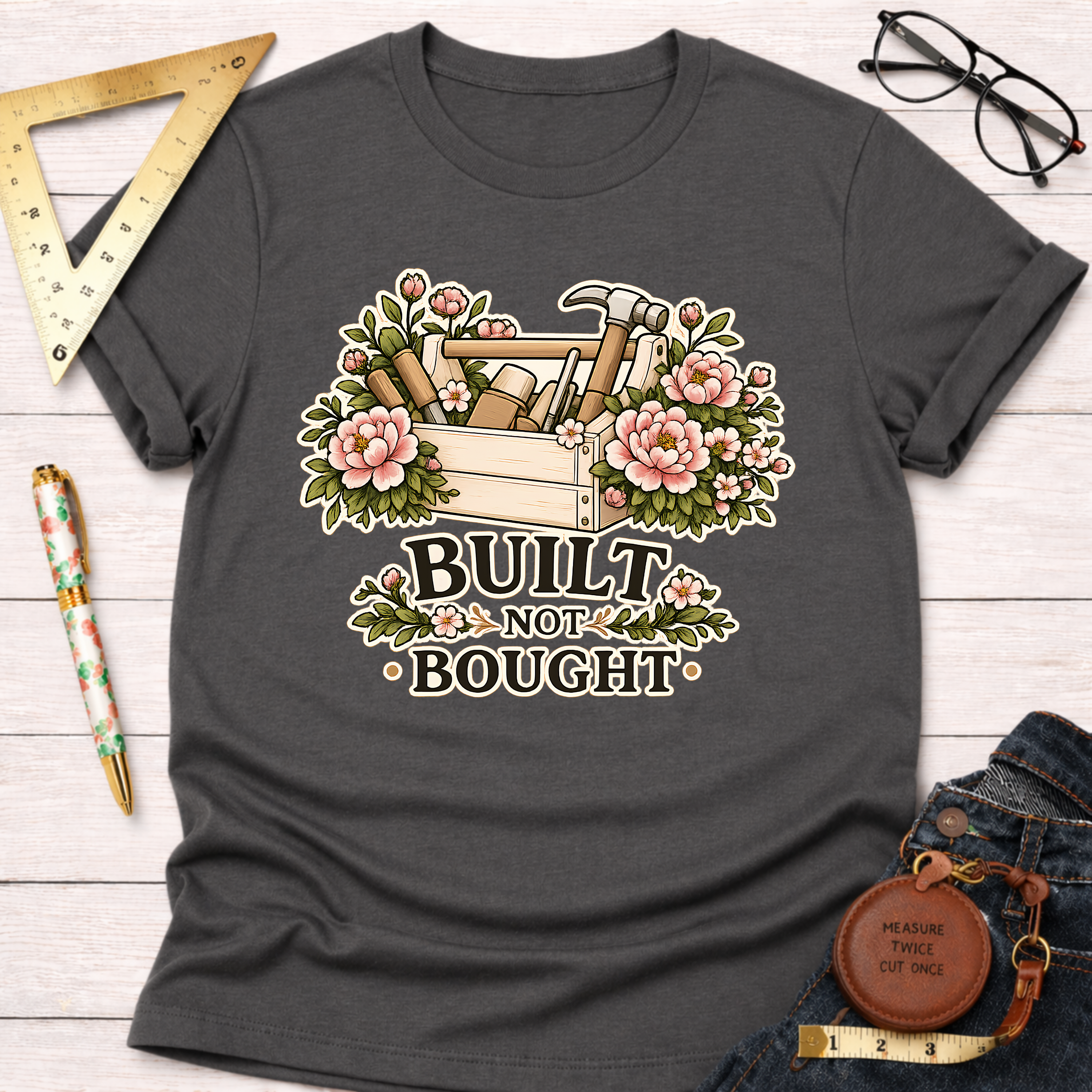 Charcoal gray carpenter t-shirt with "Built Not Bought" text, a toolbox, and pink floral design.